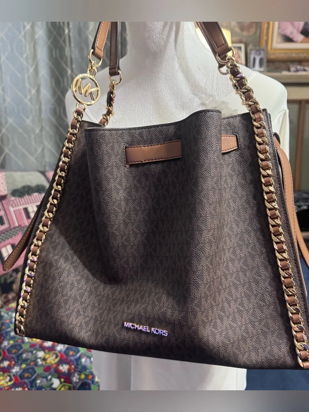 Michael Kors Brown and Tan MK Logo Chain-Trim Large Shoulder Bag